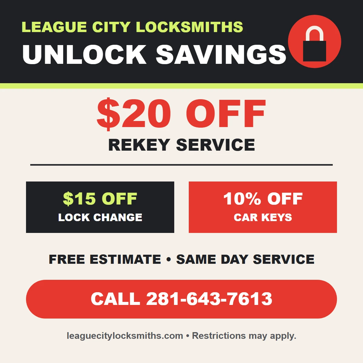 League City Locksmiths locksmith coupons off rekey service, off lock change, and 10% off car keys coupon